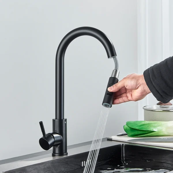 Robinet de cuisine noir à une poignée, mitigeur extractible à deux fonctions, robinets d'eau chaude et froide montés sur le pont - Image 4