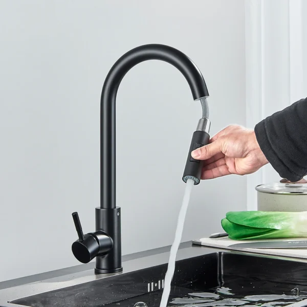 Robinet de cuisine noir à une poignée, mitigeur extractible à deux fonctions, robinets d'eau chaude et froide montés sur le pont - Image 3