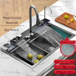 Évier de Cuisine en Acier Inoxydable 304, Double Cascade, Fente Unique, Affichage Numérique Intégré, Ensemble, Distributeur Regina, Lave-Gobelet