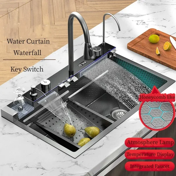 Évier de Cuisine en Acier Inoxydable 304, Double Cascade, Fente Unique, Affichage Numérique Intégré, Ensemble, Distributeur Regina, Lave-Gobelet
