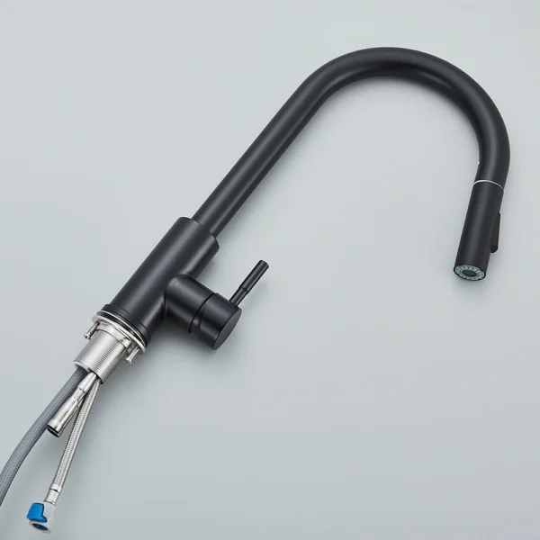 Robinet de cuisine noir à une poignée, mitigeur extractible à deux fonctions, robinets d'eau chaude et froide montés sur le pont - Image 6