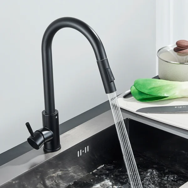 Robinet de cuisine noir à une poignée, mitigeur extractible à deux fonctions, robinets d'eau chaude et froide montés sur le pont - Image 2