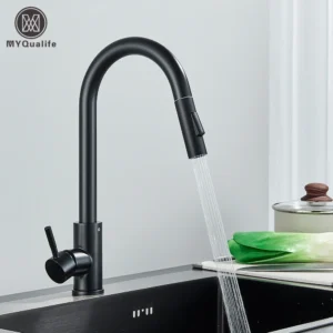 Robinet de cuisine noir à une poignée, mitigeur extractible à deux fonctions, robinets d'eau chaude et froide montés sur le pont